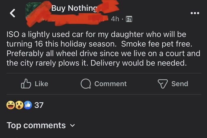 Facebook post showing entitlement asking for a free lightly used car with delivery, illustrating entitled people behavior.