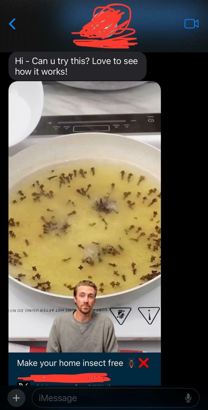 Text message showing a homemade insect trap with unusual landlord special advice frustrating renters.