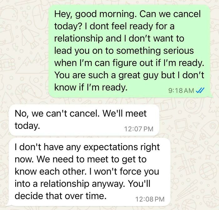 Text message exchange showing entitled attitude with one person refusing to cancel plans despite the other's hesitation.