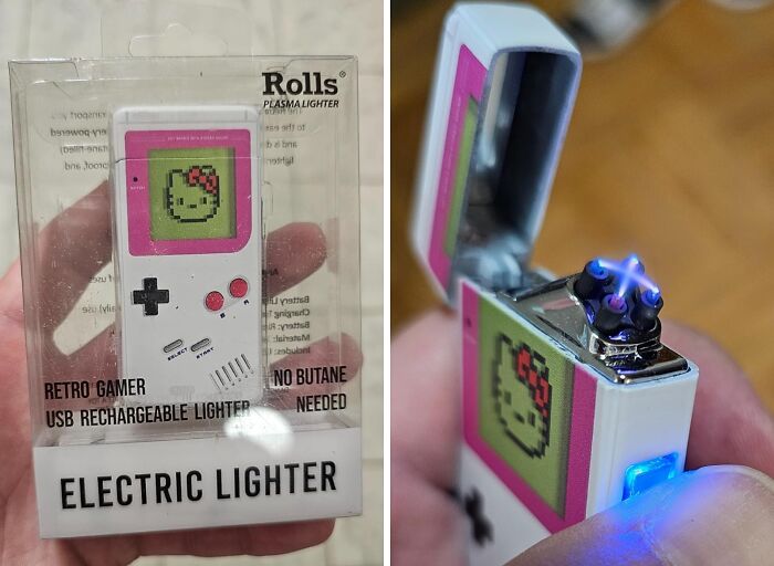 Retro gamer electric lighter with USB rechargeable plasma flame, a weirdly wonderful find for unique collectibles.