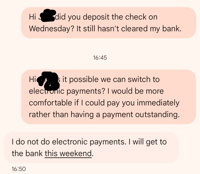 Text message exchange showing a landlord refusing electronic payments, frustrating renters dealing with landlord specials.