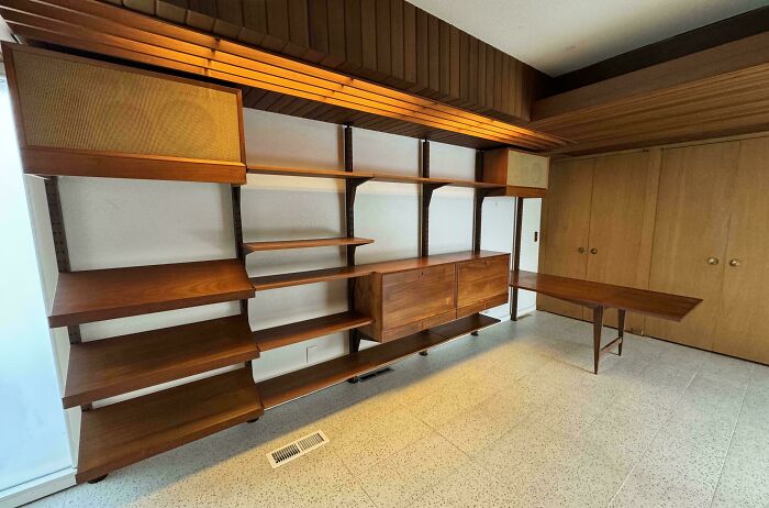 Mid-century wooden wall unit with shelves, cabinets, and a fold-out desk showcasing effortless vintage charm in an empty room.