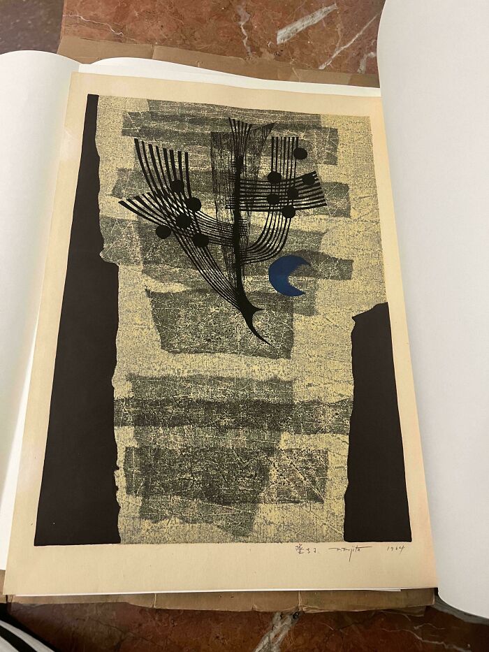 Abstract mid-century design print with geometric shapes and vintage textures on aged paper.