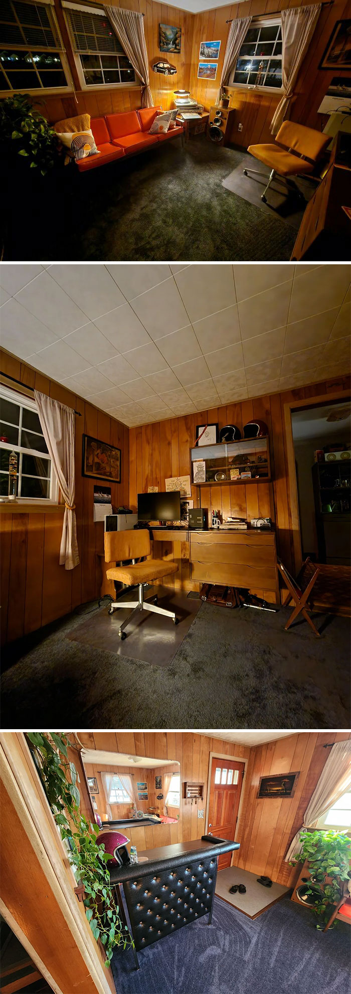 Cozy mid-century designs with vintage wood paneling, retro furniture, and warm lighting in a stylish living and office space.