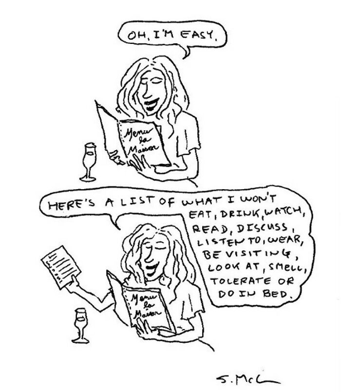 Comic by Steve McGinn featuring a woman humorously listing things she won't do, illustrating relatable everyday moments.