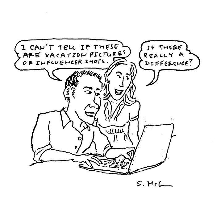 Two people looking at a laptop in a comic by Steve McGinn highlighting funny and relatable everyday moments.
