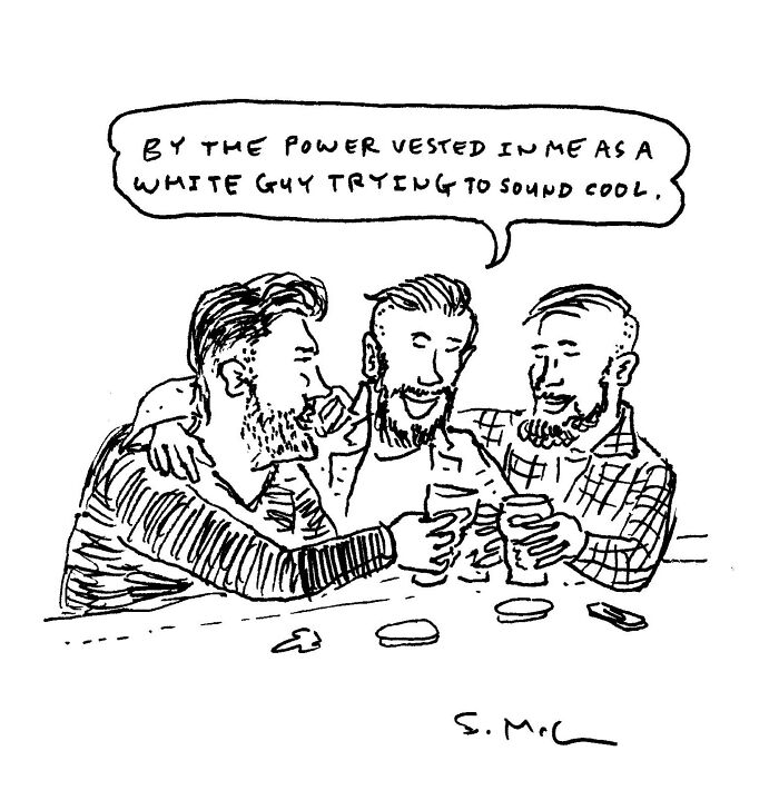 Three men with beards clinking glasses in a comic by Steve McGinn illustrating relatable everyday life moments.