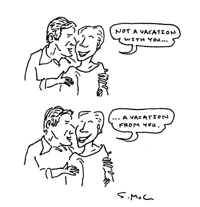 Black and white comic by Steve McGinn showing a couple humorously discussing their vacation plans.