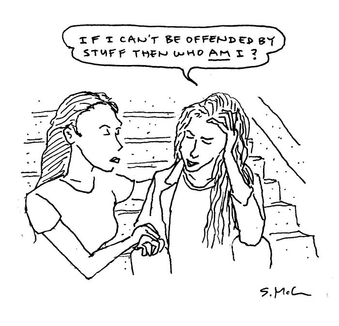 Two women in a comic by Steve McGinn discussing being offended, illustrating relatable everyday life moments.