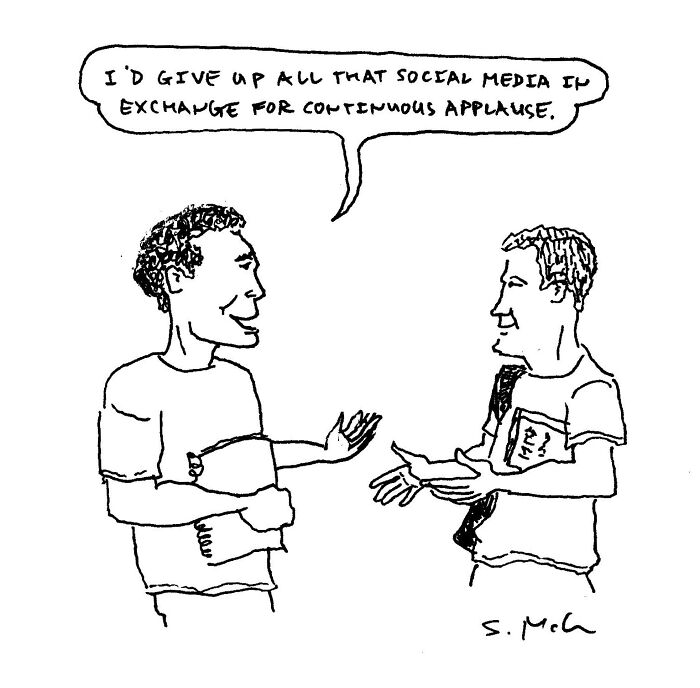Hand-drawn comic by Steve McGinn showing two men discussing social media and continuous applause humorously.