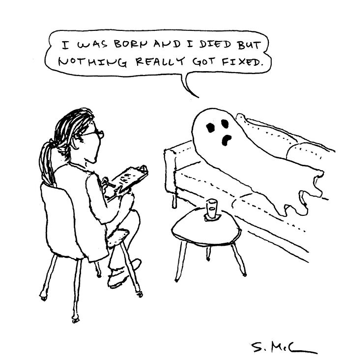 Comic by Steve McGinn showing a ghost on a couch telling a therapist about life’s unresolved struggles in everyday moments.