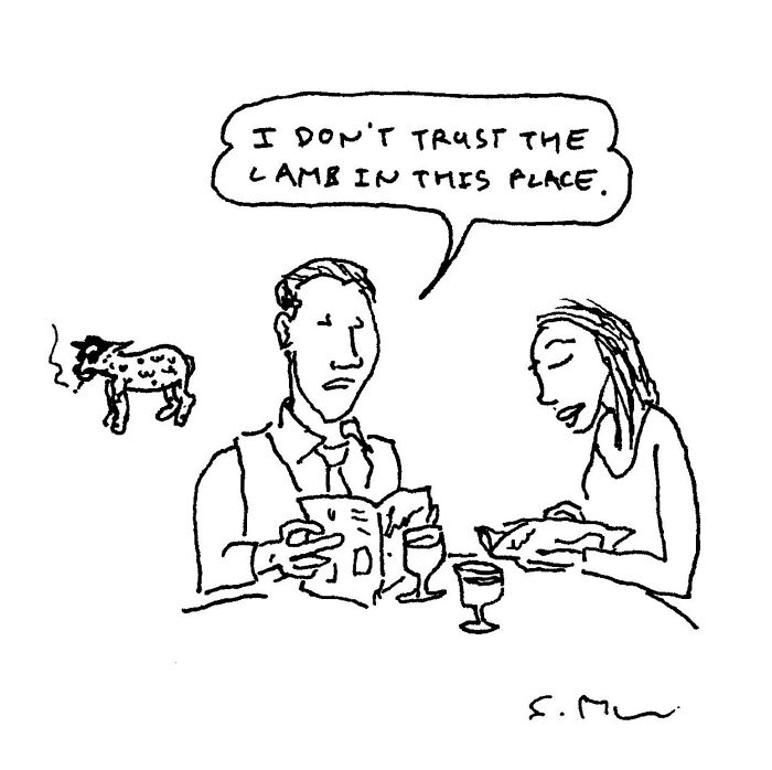 Comic by Steve McGinn showing a man and woman at a table with humorous dialogue about not trusting the lamb.