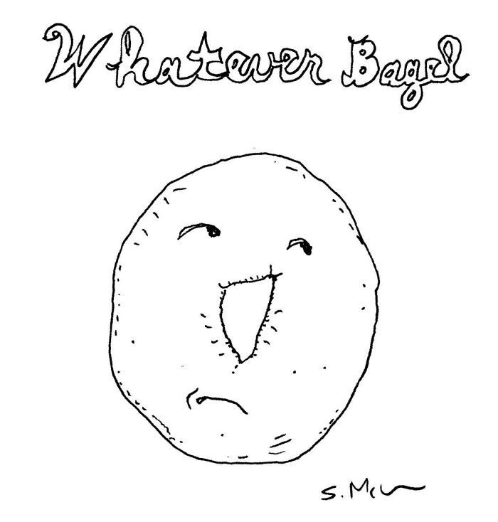 Black and white comic illustration of a quirky bagel with a face, capturing funny and weird moments of everyday life.