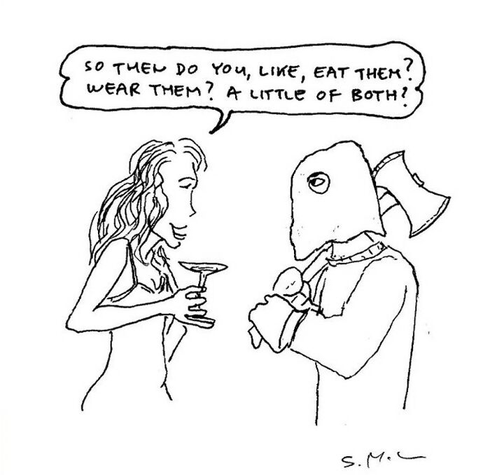 Black and white comic by Steve McGinn showing a woman asking a masked man about eating or wearing something humorously.