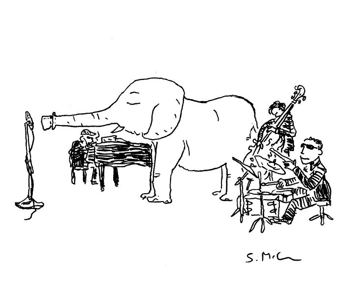Cartoon by Steve McGinn showing an elephant playing a band with weird, funny, and relatable everyday moments.