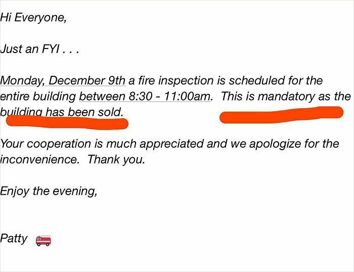 Notice from landlord scheduling mandatory fire inspection after building was sold, typical landlord special frustrating renters.