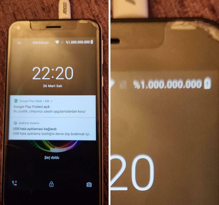Smartphone screen showing an impossible battery percentage of 1,000,000,000, a funny tech fail moment.