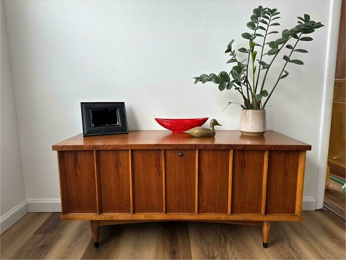 Mid-century design wooden sideboard with vintage-inspired decor including a red bowl, brass duck, and green plant in a pot.