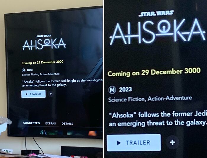 Streaming screen showing a Star Wars Ahsoka premiere date set to year 3000, a funny tech fail with date error on display.