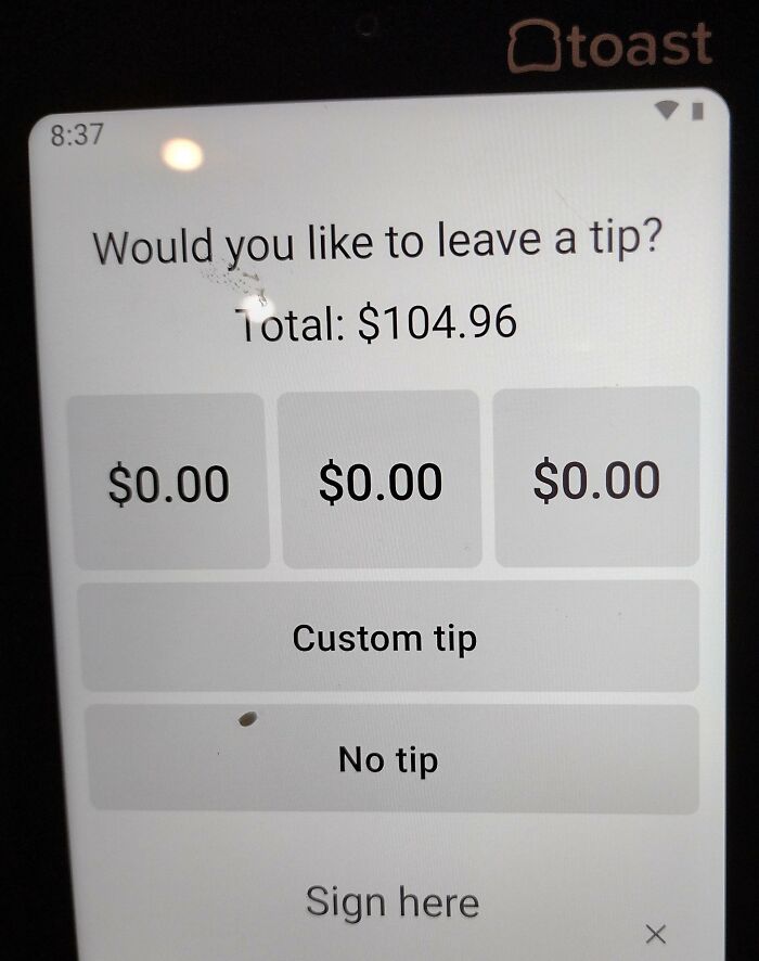 Point of sale screen showing three tip options all set to zero, highlighting funny tech fails in payment systems.
