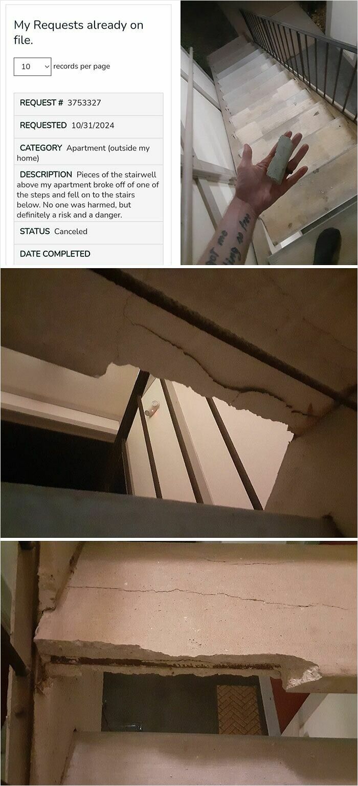 Infuriating landlords ignoring dangerous stairwell damage with broken concrete pieces falling, risking renters' safety and well-being.