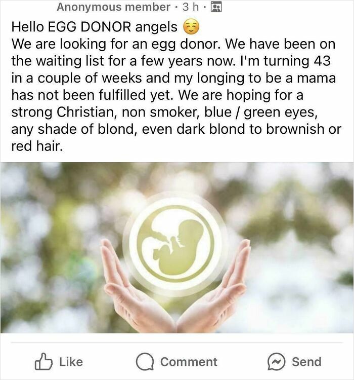 Social media post seeking an egg donor with specific traits, highlighting entitled people behavior causing frustration.