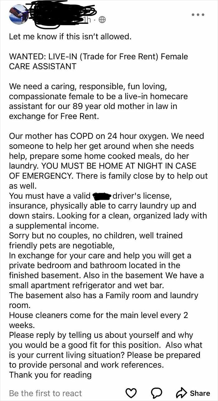 Social media post seeking live-in female care assistant in exchange for free rent, showing entitled attitude in job request.