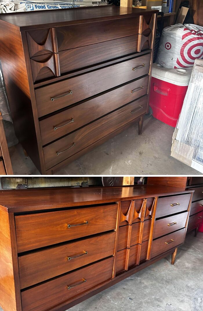 Mid-century designs featuring wooden dressers with vintage charm and intricate carved details in a rustic setting.