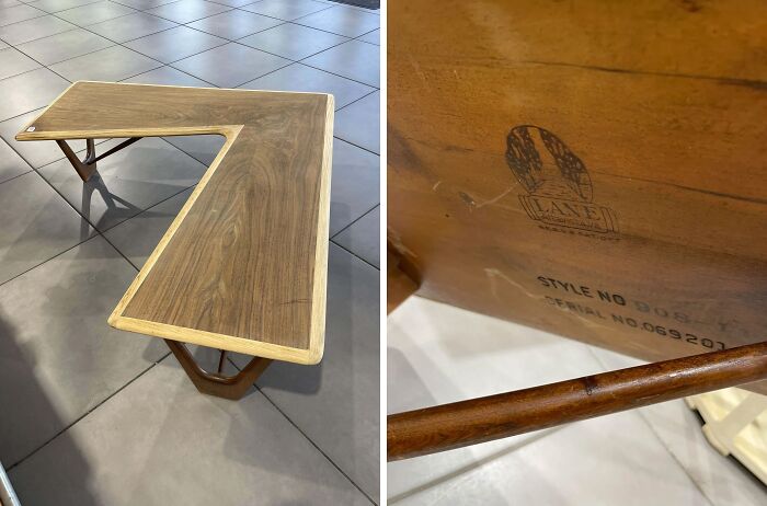 Mid-century designs wooden corner table with vintage charm and unique angular legs on tiled floor.