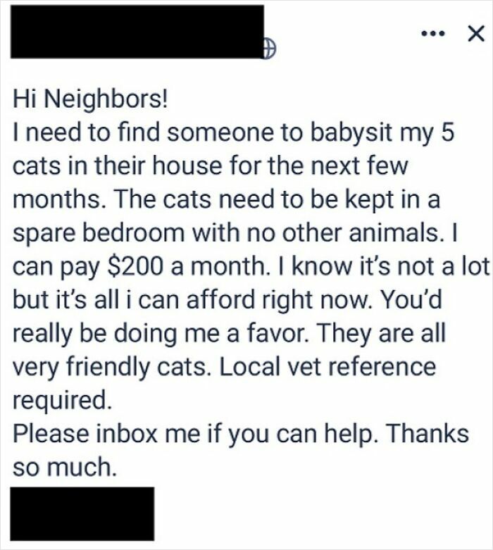Post requesting babysitting for five cats with specific conditions, showing entitlement in a neighbors' communication.