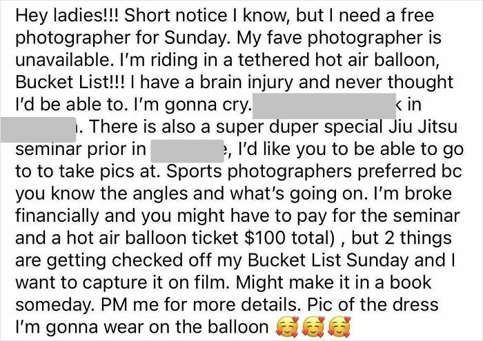 Post showing entitled person demanding a free photographer for a special hot air balloon experience.