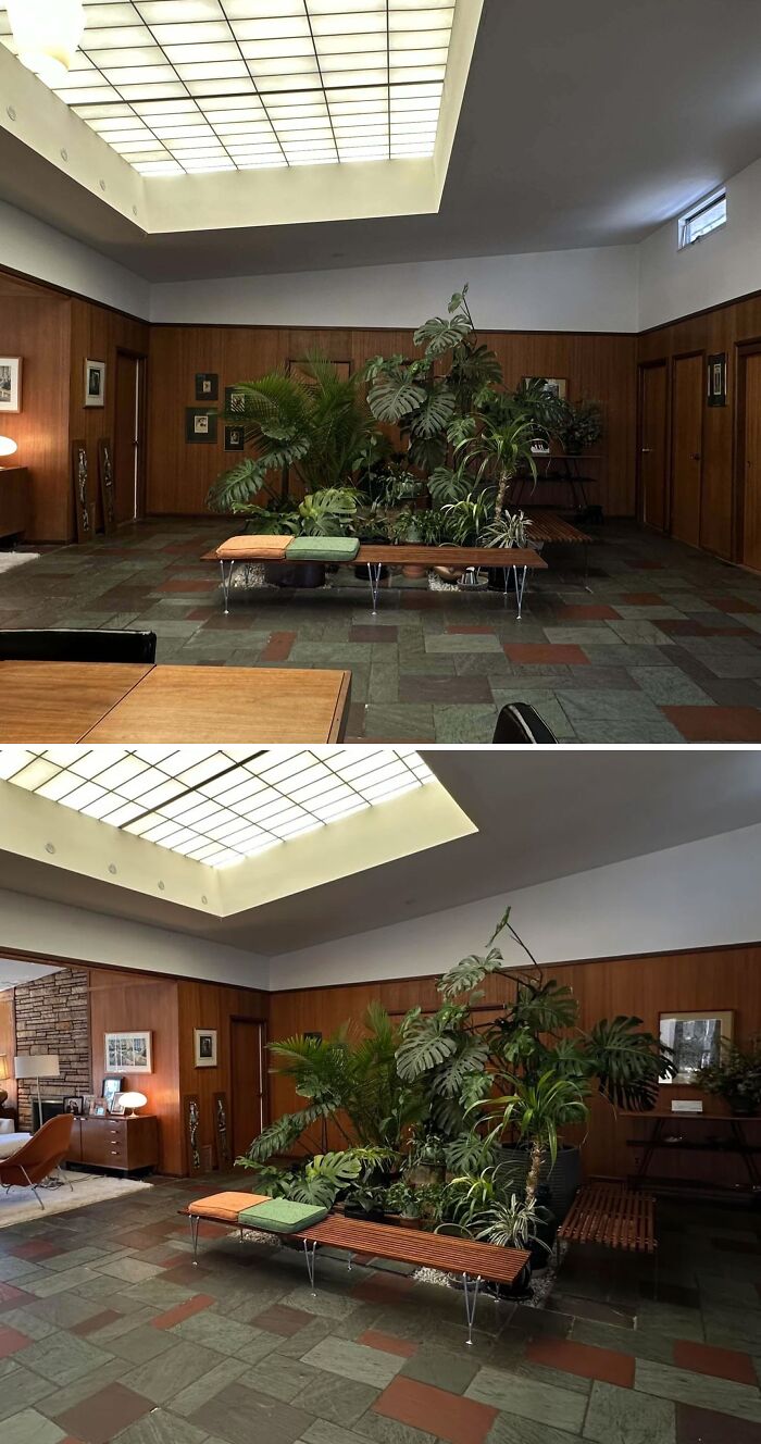 Mid-century design indoor space with wood paneling, large skylight, slate floor, and lush greenery seating area.