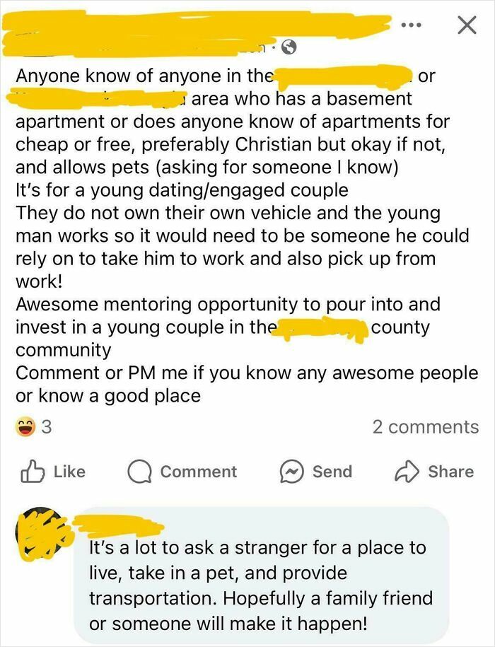 Screenshot of a social media post showing a person asking for free housing and transportation, illustrating entitled behavior.