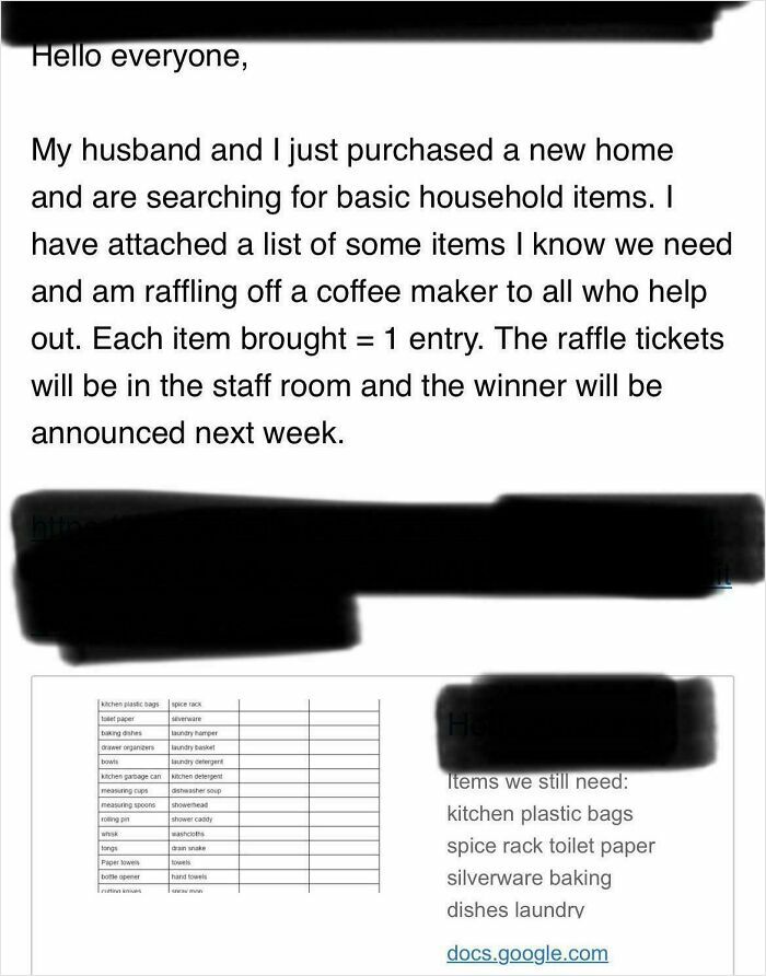 Screenshot of a post showing entitled behavior, requesting basic household items in exchange for raffle entries.