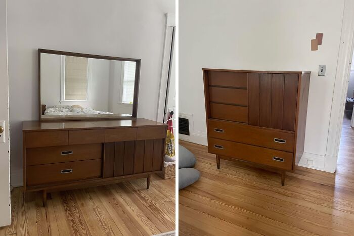Mid-century designs featuring vintage wooden dressers with clean lines and effortless vintage charm in a bright room.