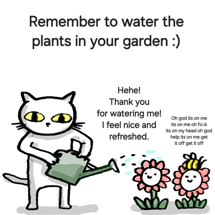 Illustration of a cat watering flowers with comforting animal illustrations providing a humorous and refreshing vibe.