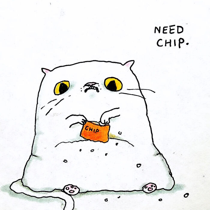 Whimsical animal illustration by Andy Younger featuring a quirky cat holding a chip, embodying comforting art style.