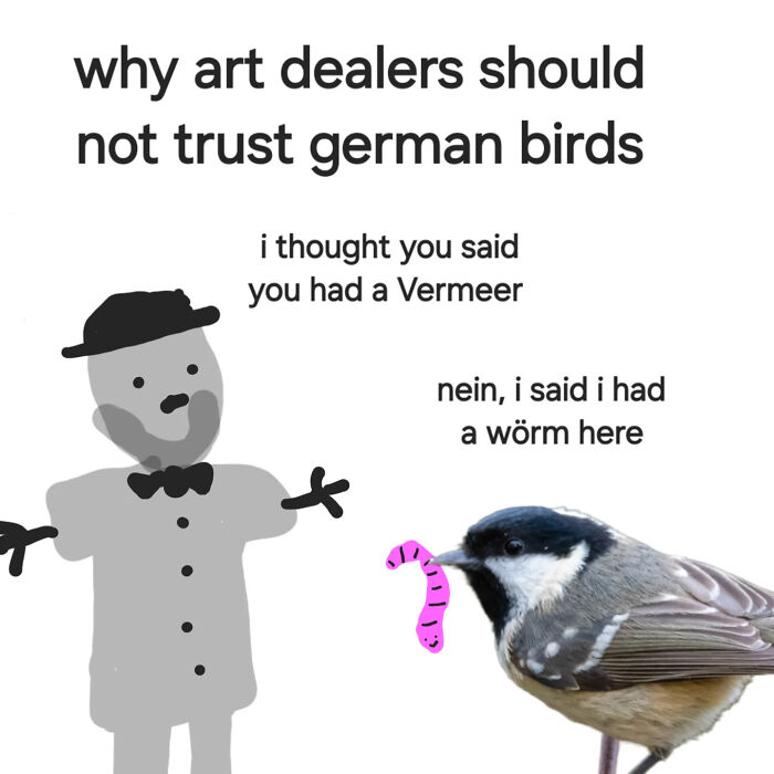 Humorous animal illustration showing a bird with a worm and a man misunderstanding art dealers, inspired by comforting animal illustrations.