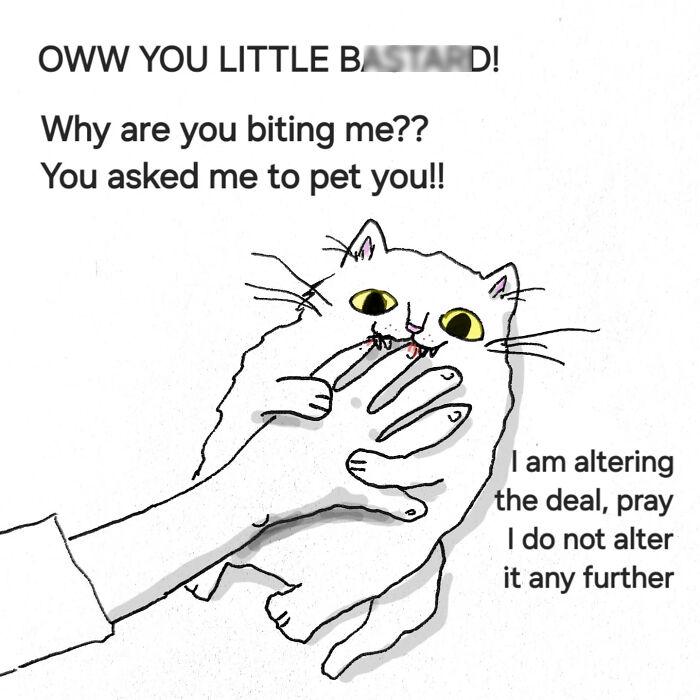 Strange yet comforting animal illustration of a cat biting a hand, capturing quirky pet behavior humorously.