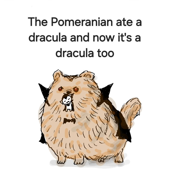 Illustration of a Pomeranian dog transformed into a dracula, part of comforting animal illustrations by Andy Younger.