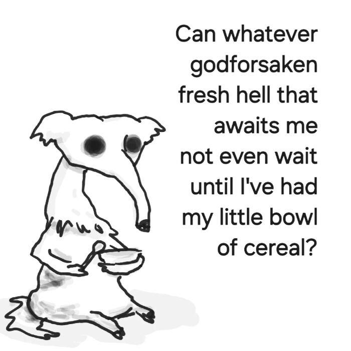 Whimsical animal illustration by Andy Younger with a humorous caption about needing cereal before facing the day.