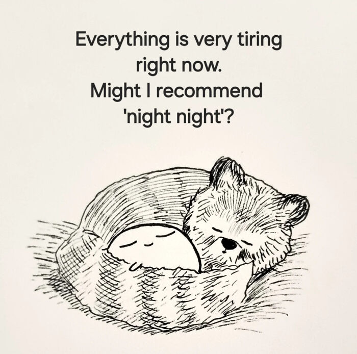 Comforting animal illustrations by Andy Younger showing a bear and a character cuddling, offering a soothing night night message.