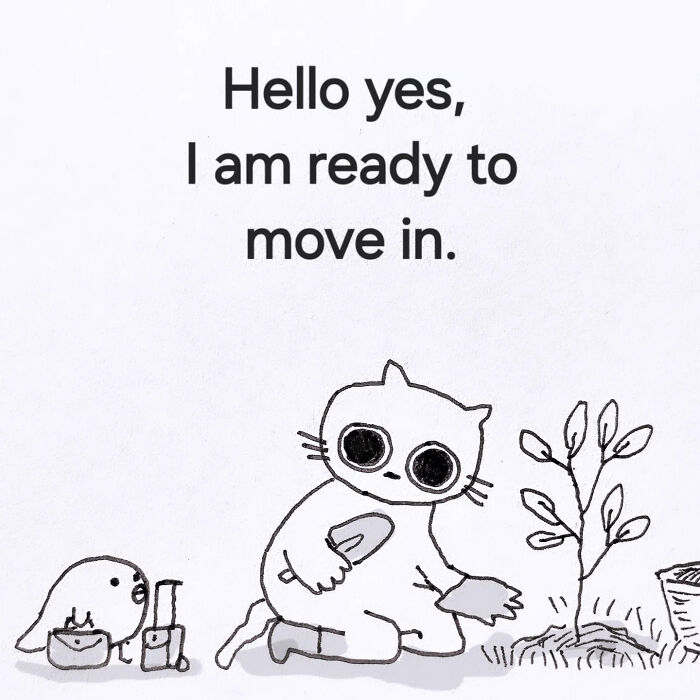 Simple black and white comforting animal illustration showing a cat digging by a small tree, part of Andy Younger’s artwork.