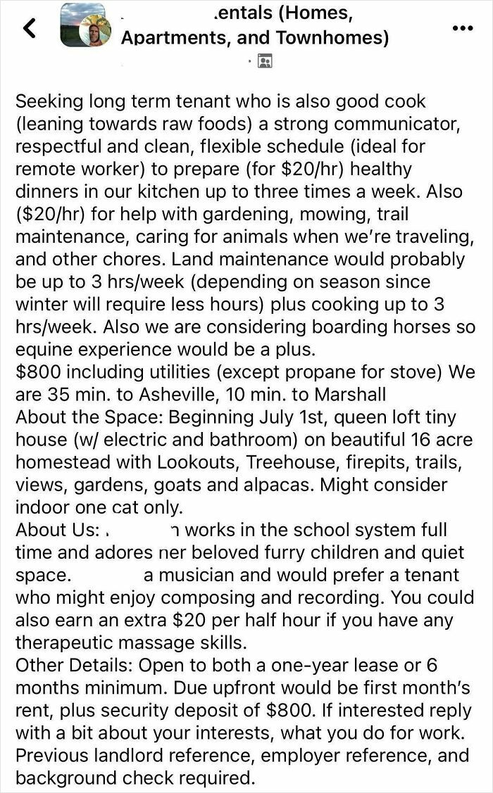 Rental listing with demanding tenant requirements including cooking, gardening, and equine experience on a large homestead property.