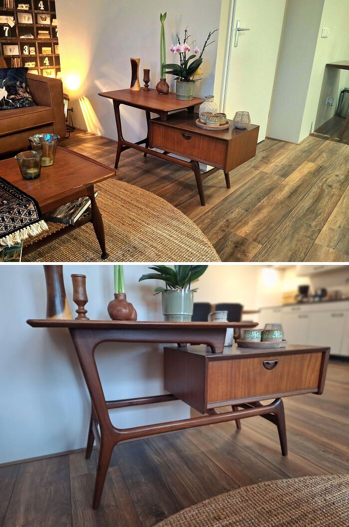 Mid-century designs featuring a vintage wooden side table with decorative plants and ceramic accents in a cozy living room.
