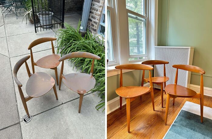 Three mid-century wooden chairs with curved backs displayed outdoors and indoors, showcasing vintage design charm.