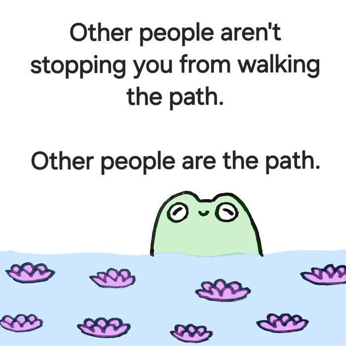 Comforting animal illustration by Andy Younger featuring a smiling frog among water lilies with an inspirational quote.