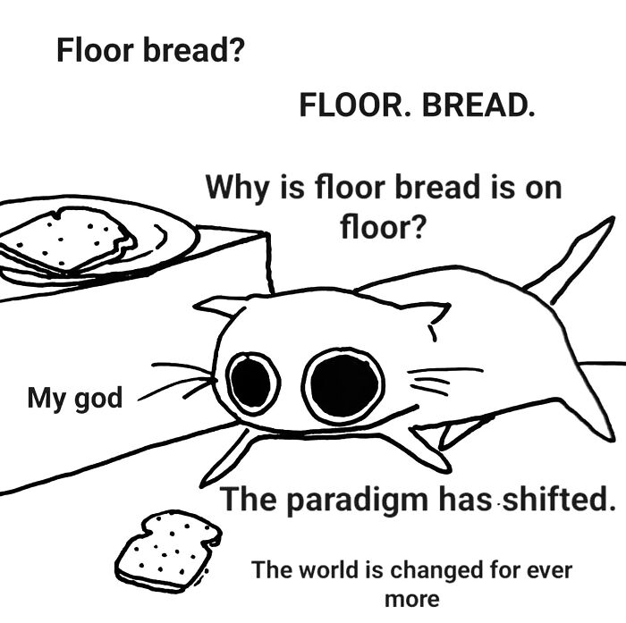 Black and white animal illustrations by Andy Younger showing a wide-eyed cat puzzled by bread on the floor.