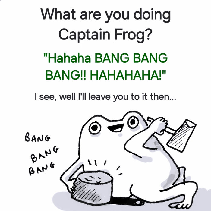 Whimsical animal illustration of a frog playfully banging a pot with a hammer in a comforting style by Andy Younger.