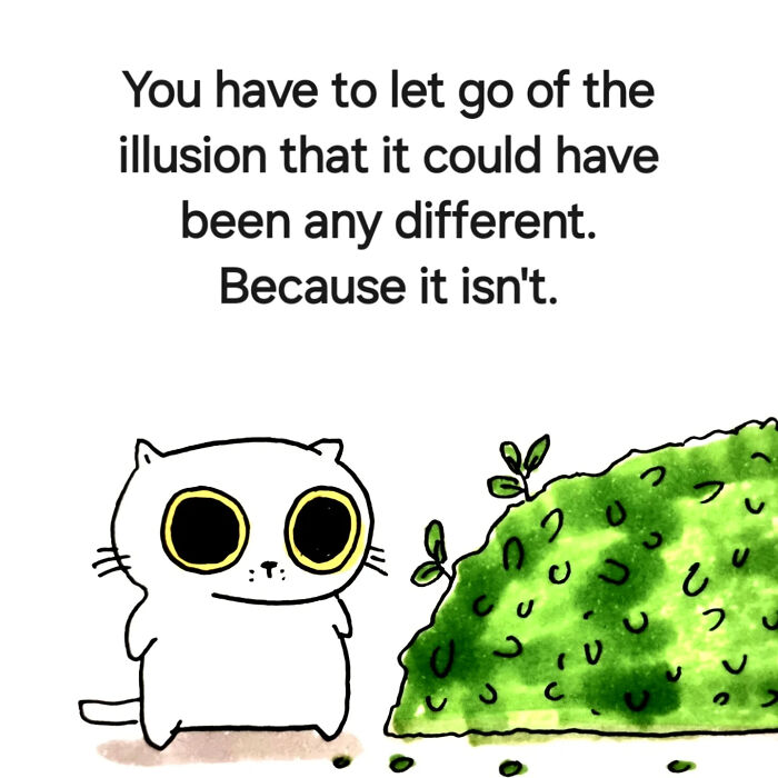 Cute comforting animal illustration by Andy Younger showing a wide-eyed cat next to a green bush with a motivational quote.